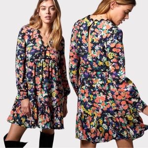 Maeve Anthropologie Large Piper Floral Mini Dress Baby Doll Long Sleeve Pockets